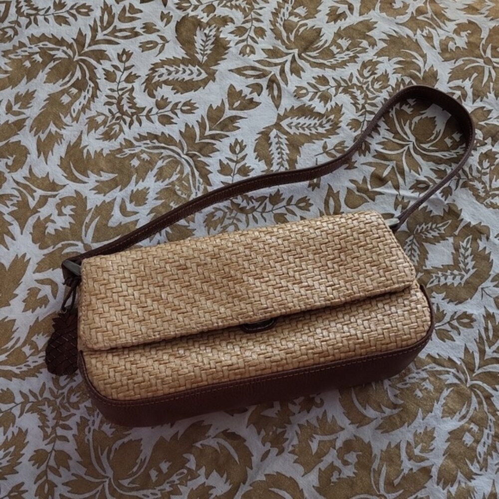 Liz Claiborne Vintage Straw Mini Hand Bag Leather Straps White Green Lin…